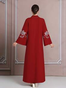 3D Oversized Silk Thread Embroidery Pattern Pearl Decorated Dress, Long Robe, Arabic Robe - Red - View 6