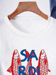 Women's 100% Cotton T-Shirts 2026 Fashion Women's T-Shirt With "Sardine" Fish Design - Short Sleeve, Round Neck, Casual White Top, Polyester Blend, Machine Washable, Pullover T-Shirt, Elegant And Avant-Garde Hen Party Top - White - View 4
