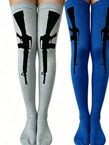 Unisex Solid Color Minimalist Streetwear Thigh High Socks, Mysterious Party Celebration Striped Knee-High Socks - Black and White - View 25