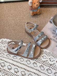 Sandal đế mềm đính đá bạc cho bé gái, sandal đế bằng chống trượt có khóa dán, giày công chúa La Mã mùa hè thường ngày cho bé gái. - Bạc - Xem 3