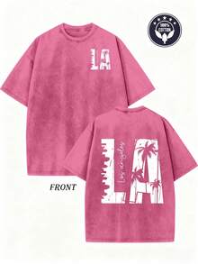 Camisetas de San Valentín para hombre, camiseta vintage con estampado de palmeras - Camiseta de manga corta de algodón lavado pesado de 230 g/m², diseño retro de playa de California a doble cara para ropa de calle, actividades al aire libre y viajes, camiseta casual de corte holgado. - Magenta - Ver 1