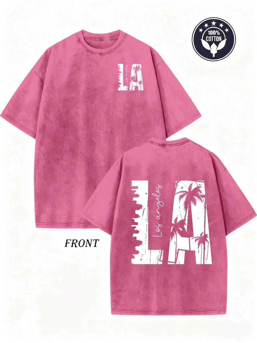 Camisetas de San Valentín para hombre, camiseta vintage con estampado de palmeras - Camiseta de manga corta de algodón lavado pesado de 230 g/m², diseño retro de playa de California a doble cara para ropa de calle, actividades al aire libre y viajes, camiseta casual de corte holgado. - Magenta - Ver 1
