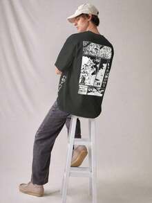 SWAVVY Men's Casual Short Sleeve Crew Neck T-Shirt With Letter And Pineapple Print, Men's Crew Neck Printed T-Shirt, Urban Style, White And Red Graphic T-Shirts For Men, Japanese Urban Style Graphic T-Shirt. - 灰色 - 查看 10