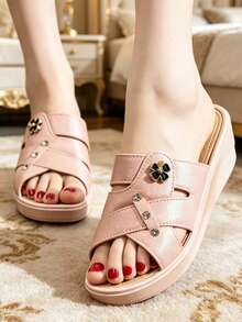 Sandalias de cuña con suela blanda antideslizante, de tacón alto y suela gruesa, de uso fashionable para exteriores, para mujer - Rosa - Ver 1