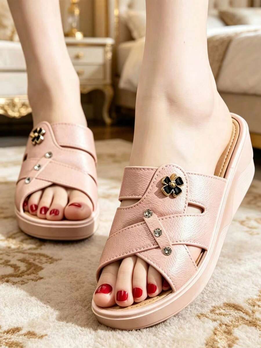 Sandalias de cuña con suela blanda antideslizante, de tacón alto y suela gruesa, de uso fashionable para exteriores, para mujer - Rosa - Ver 1