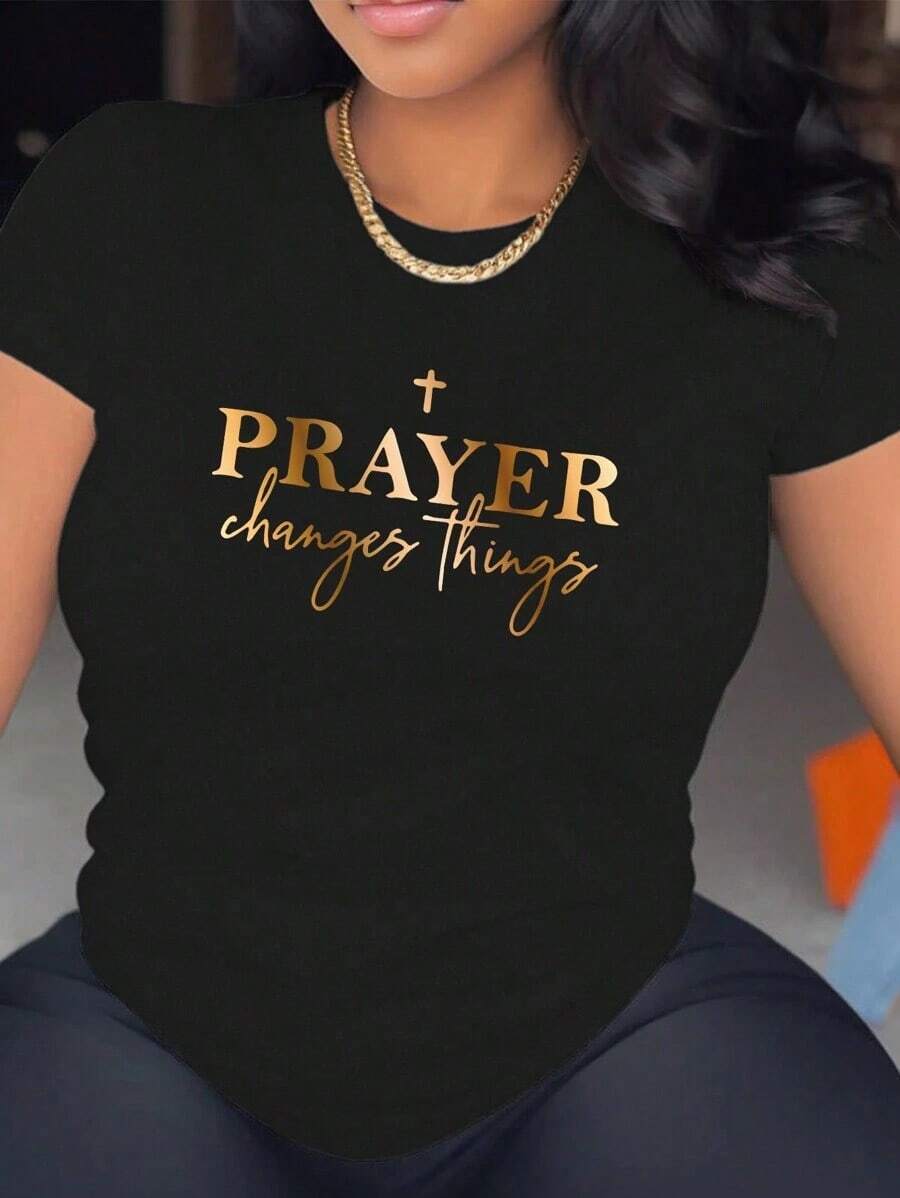 Playera de mujer 100% algodón manga corta cuello redondo gráfico de frase en dorado sobre negro para verano - Negro - Ver 1