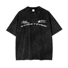 1 pieza Camiseta de manga corta de cuello redondo oversize unisex desgastada y lavada, 100% algodón pesado de 220g, diseñada por artistas Y2K estilo americano vintage, estampado gráfico de nombres de ciudades, ideal para uso diario, conciertos y festivales - Negro - Ver 1