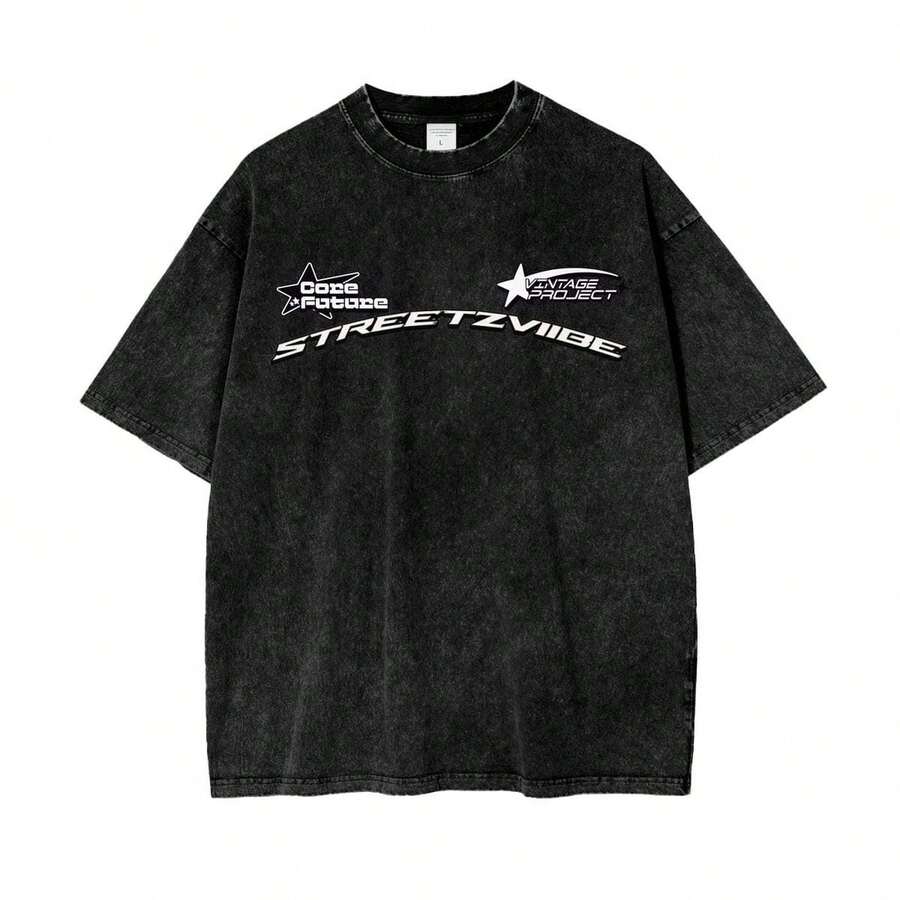 1 pieza Camiseta de manga corta de cuello redondo oversize unisex desgastada y lavada, 100% algodón pesado de 220g, diseñada por artistas Y2K estilo americano vintage, estampado gráfico de nombres de ciudades, ideal para uso diario, conciertos y festivales - Negro - Ver 1