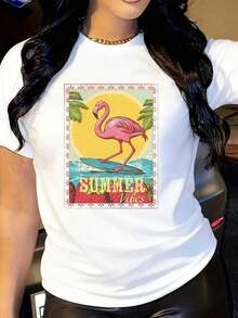 Flamingo Summer Vibes-skjorta, Summer Lover Tee, Sommarskjorta, Bästa presenterna till henne, Strandskjorta, Strandfest-T-shirt, Sommarskjortor, sommaroutfit för kvinnor, sommaroutfit för damer, sommaroutfit för kvinnor. - Vitt - Visa 6