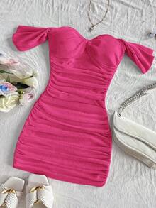 Vestido mini ajustado de punto rojo con hombros descubiertos para mujer, diseño con espalda calada, adecuado para vacaciones, citas, té de la tarde, temporada de bodas, playa, crucero, vacaciones en la ciudad, vacaciones bohemias, festivales de - Rosa Fucsia - Ver 5