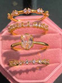 Bộ 4 chiếc nhẫn xếp chồng thanh lịch, đính đá Cubic Zirconia tổng hợp hình giọt nước sáng bóng, hình chữ nhật tượng trưng cho sự lãng mạn và trang trọng, phù hợp với trang phục hàng ngày. - Vàng - Xem 11