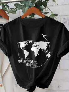 Women's T-Shirt With World Map And Letter Print - Loose Fit, Short Sleeve, Round Neck, With World Geography Design, Casual Travel Wear For Spring, Summer And Year-Round Wear, Straight Silhouette Blouse, Comfortable Cotton T-Shirt - 黑色 - 查看 1