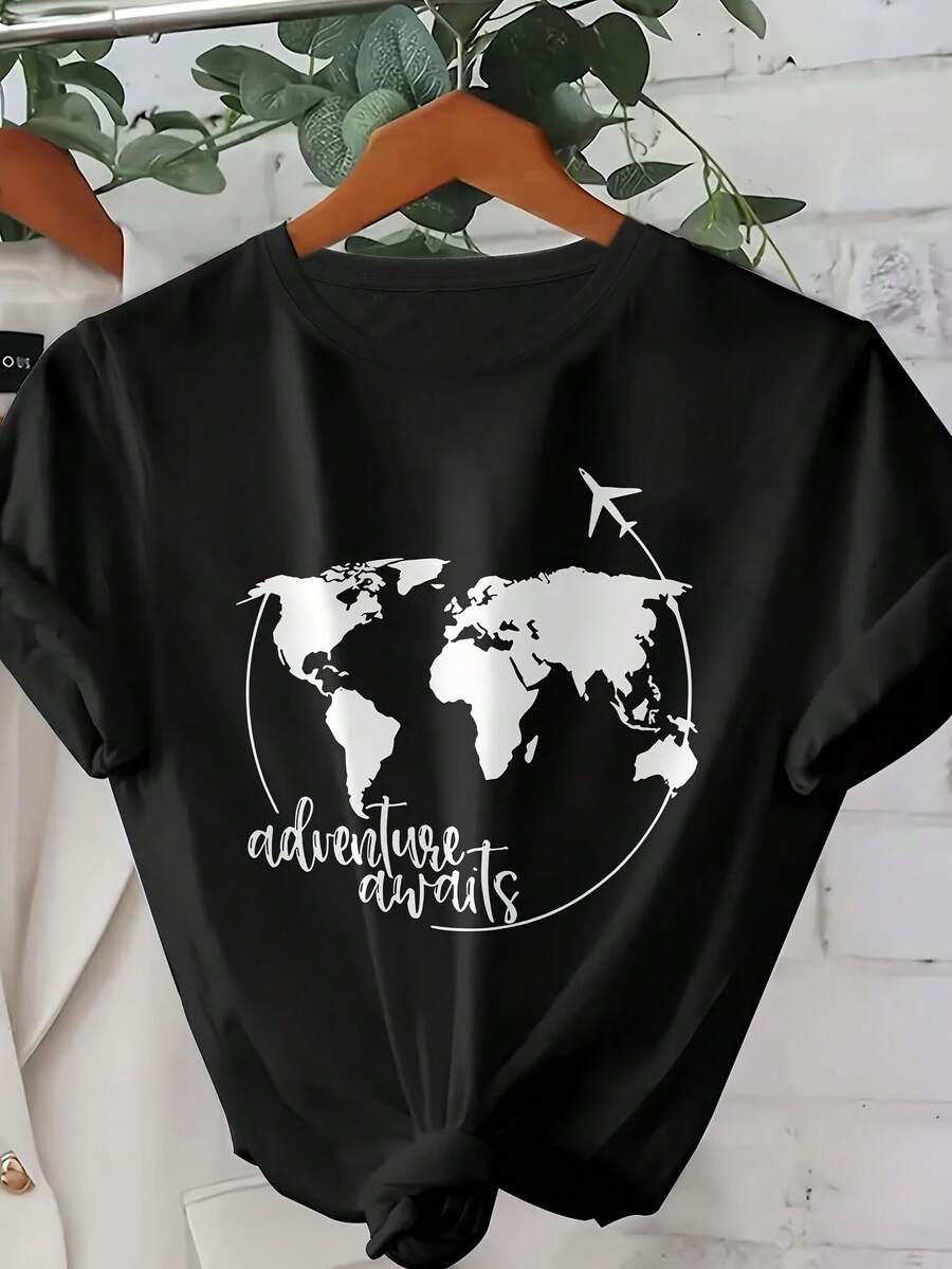 Women's T-Shirt With World Map And Letter Print - Loose Fit, Short Sleeve, Round Neck, With World Geography Design, Casual Travel Wear For Spring, Summer And Year-Round Wear, Straight Silhouette Blouse, Comfortable Cotton T-Shirt - 黑色 - 查看 1