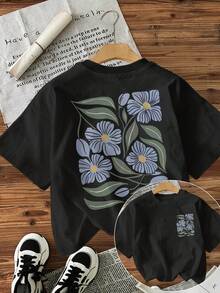 Women's Casual Short Sleeve Crew Neck T-Shirt - Floral And Leaf Graphic Print, Loose Fit, Breathable Fabric, Machine Washable, Versatile Top For All Seasons, Summer Clothes, Non-See-Through Material. - 黑色 - 查看 6