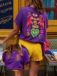 Summer Offer: Women's Pure Cotton T-Shirt, Short Sleeve T-Shirt With Urban Casual Graphic Design, Cute Summer Top, Stylish Pure Cotton T-Shirt. - 紫色 - 查看 1