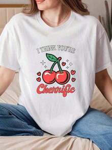 Designed For Modern, Stylish, And Comfortable Women. Summer Outfits For Women. Unisex "I Think You're Cherrific" Cherry Print T-Shirt. Crew Neck T-Shirt For Valentine's Day, Birthday Parties, And Casual Wear. Machine Washable, Ideal For Everyday Wear, Parties, And Leisure. 220g. Made With Premium Soft And Breathable Fabric, Designed For All-Day Comfort And Versatile Everyday Wear, Perfect For Casual Outings. - 白色 - 查看 8
