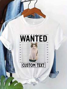 Personalized Women's T-Shirt With Cartoon Graphics And Funny Pet Photos, With Custom Text. Funny Pet  Photo T-Shirt, Personalized Text And Photo T-Shirt, Personalized Cat Image T-Shirt, Family Image T-Shirt, Personalized Gift T-Shirt, Dog Photo T-Shirt, Gifts For Family And Friends, Funny Holiday T-Shirts, 100% Cotton, Crew Neck. Summer Essential, Everyday Casual Wear - Unisex Loose Cotton Short Sleeve Crew Neck Vintage Street Style T-Shirt - 白色 - 查看 6