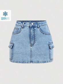 Minifalda casual cargo de mezclilla lavada para mujer - Azul - Ver 5