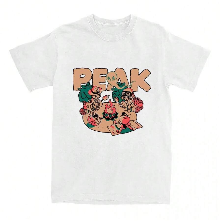 Happy Campers V-Neck Print T-Shirt, Women's Short Sleeve Cotton Loose Fit T-Shirts, Casual Crew Neck Tees, Unisex Streetwear, Cartoon Game Tees - 白色的 - 查看 1