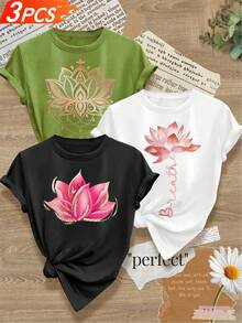 Camiseta Botánica Vintage para Mujer - Blusa de Manga Corta con Cuello Redondo y Dibujos de Plantas Multicolor, Casual, Lavable a Máquina (Prenda Esencial para el Guardarropa de Primavera, Verano y Otoño), Pieza única, no es un conjunto de 3 piezas.Camiseta casual y versátil - Negro - Ver 1