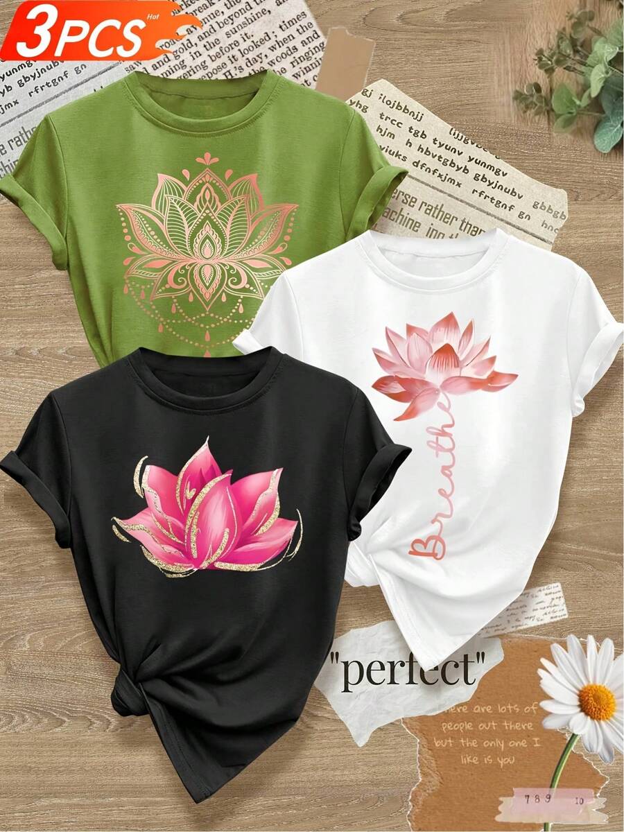 Camiseta Botánica Vintage para Mujer - Blusa de Manga Corta con Cuello Redondo y Dibujos de Plantas Multicolor, Casual, Lavable a Máquina (Prenda Esencial para el Guardarropa de Primavera, Verano y Otoño), Pieza única, no es un conjunto de 3 piezas.Camiseta casual y versátil - Negro - Ver 1