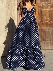 Pink Digital Print Fitted Waist Vacation Style Deep V-Neck Halter Backless Tie Dress - 多色 6 - 查看 5