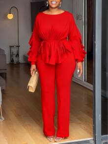 Elegant European And American Winter Two-Piece Set, Featuring Ruffles, Adjustable Drawstring, Long Sleeves, And A Fitted Waist. - Red - View 1