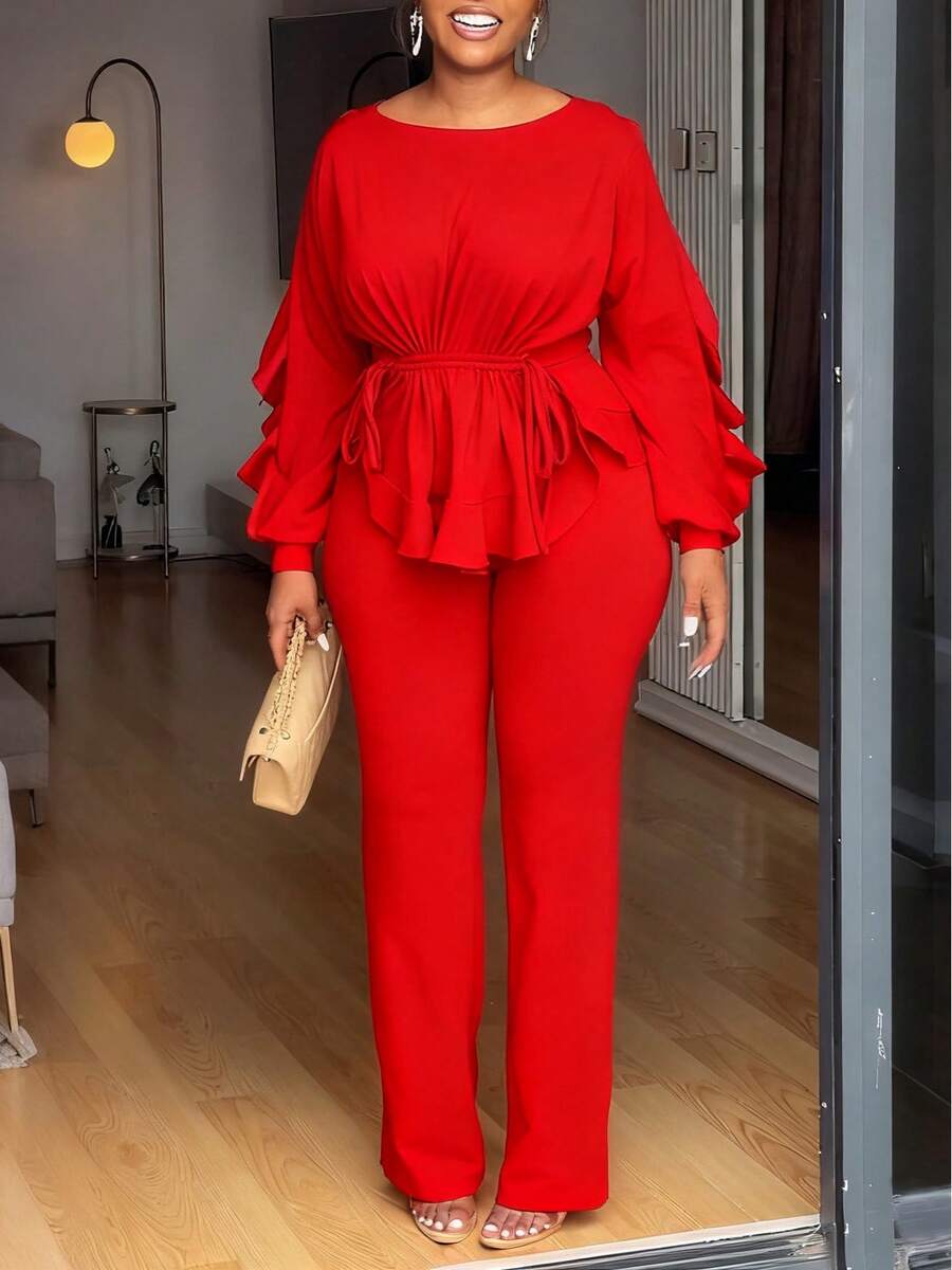 Elegant European And American Winter Two-Piece Set, Featuring Ruffles, Adjustable Drawstring, Long Sleeves, And A Fitted Waist. - Red - View 1