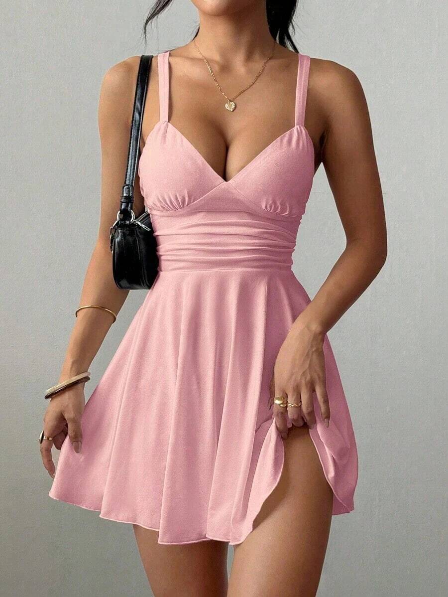 Vestido corto de punto sexy y elegante con escote en V, cintura fruncida y tirantes finos para mujer - Rosa - Ver 1