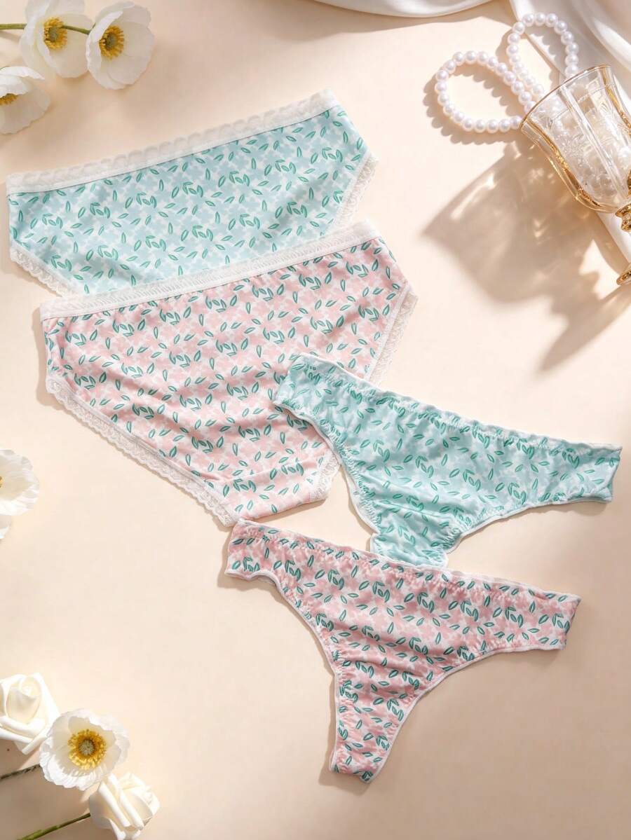 Aesletic Conjunto de ropa interior de mujer de 4 piezas con estampado floral, paquete de bragas y tangas con encaje, con un adorable estampado floral diminuto y delicado encaje blanco, romántico y femenino, perfecto para uso diario y ropa de estar en casa. Incluye 2 pares de bragas y 2 pares de tangas en un solo conjunto, satisface tus diferentes necesidades de uso, gran relación calidad-precio. - Multicolor - Ver 1