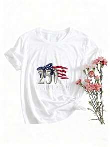 1 pieza de camiseta de mujer para el 250º aniversario de los Estados Unidos de América, camiseta estampada de mezcla de materiales, de manga corta y cuello redondo, estilo casual, elegante para vacaciones y desplazamientos, suave y cómoda, adecuada para el Día de San Valentín y el Año Nuevo, 180g 100% algodón. - Blanco - Ver 1