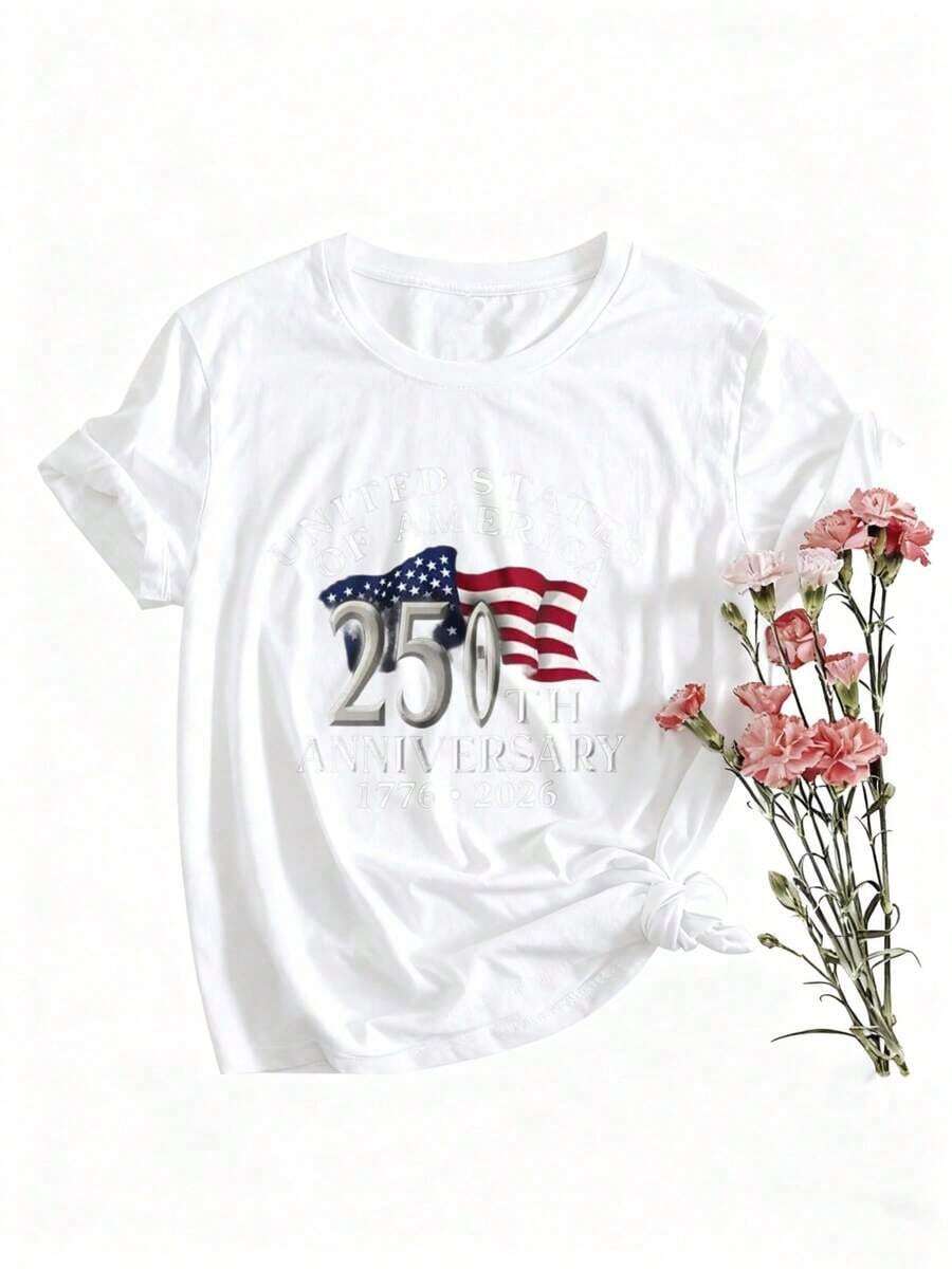 1 pieza de camiseta de mujer para el 250º aniversario de los Estados Unidos de América, camiseta estampada de mezcla de materiales, de manga corta y cuello redondo, estilo casual, elegante para vacaciones y desplazamientos, suave y cómoda, adecuada para el Día de San Valentín y el Año Nuevo, 180g 100% algodón. - Blanco - Ver 1