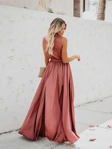Vestido largo de talla grande sin mangas con escote en V y abertura alta de color sólido - Rosa - Ver 3
