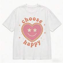 Camiseta Casual de Mujer con Estampado Corazón "Choose Happy", Cuello Redondo y Manga Corta, Estilo Aesthetic y Vintage, Top Suave y Transpirable para Uso Diario, Primavera/Verano 2026 - Blanco - Ver 14