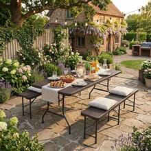 1.8m Folding Picnic Table With 2 Benches, 3 Piece Camping Set, HDPE Tabletop With Tree Print, Safety Lock, UV And Water Resistant, Black. - 棕色 - 查看 12