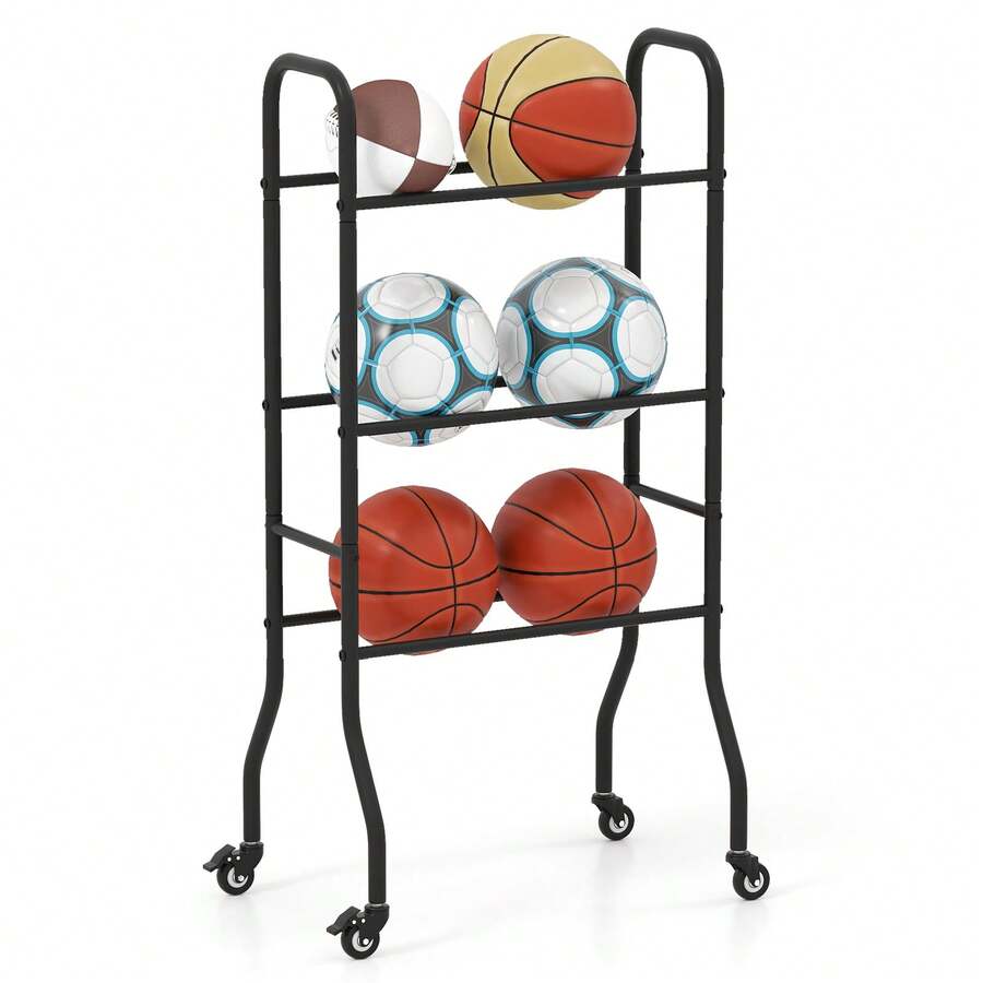 GOFLAME 3-Tier Ball Storage Holder Outdoor Basketball Rack Garage Sports Equipment Organizer For Football Soccer Volleyball - A - View 1