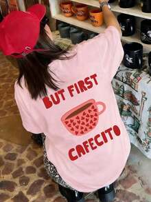 1 Summer Short Sleeve T-Shirt With Round Neck, Pink Heart And Coffee Cup Print, English Letter Print, Casual And Comfortable Loose Fit For Coffee Lovers, Suitable For Street, Daily Wear, Music Festivals, Parties, Holiday Outfit For Women, White Color. - 粉色 - 查看 5