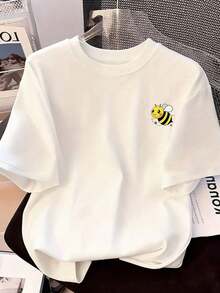 Playera de mujer 100% algodón manga corta con gráfico de abeja minimalista, estilo relajado urbano, cuello redondo, transpirable para verano, modelo versátil - Blanco - Ver 1