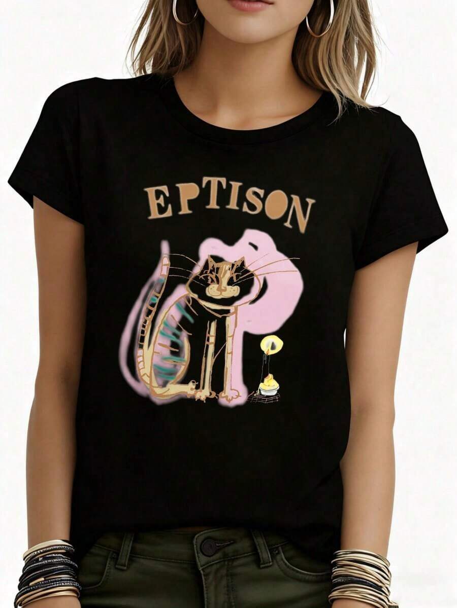 Camiseta de Mujer Blanca con Estampado Gráfico de Gato Eptison con Cuerno y Vela, Ropa Casual para el Hogar, Viajes, Festivales, Fiestas - Estilo Vintage Urbano, Unisex, de Algodón, Manga Corta, Cuello Redondo, Blusas para Mujer, Playeras de Mujer, Blusas Casuales para Dama - Negro - Ver 1