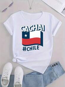 OversizeCamiseta deportiva casual para mujer, cuello redondo, manga corta, estampada con el diseño de la bandera nacional, cómoda para el verano y vacaciones, linda. - Blanco - Ver 3