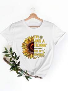 Women's White T-Shirt With A Sunflower Design And The Phrase 'soolo Un Rayo De Sol In'. Perfect For Casual Outings And Summer Fun. - 白色 - 查看 1