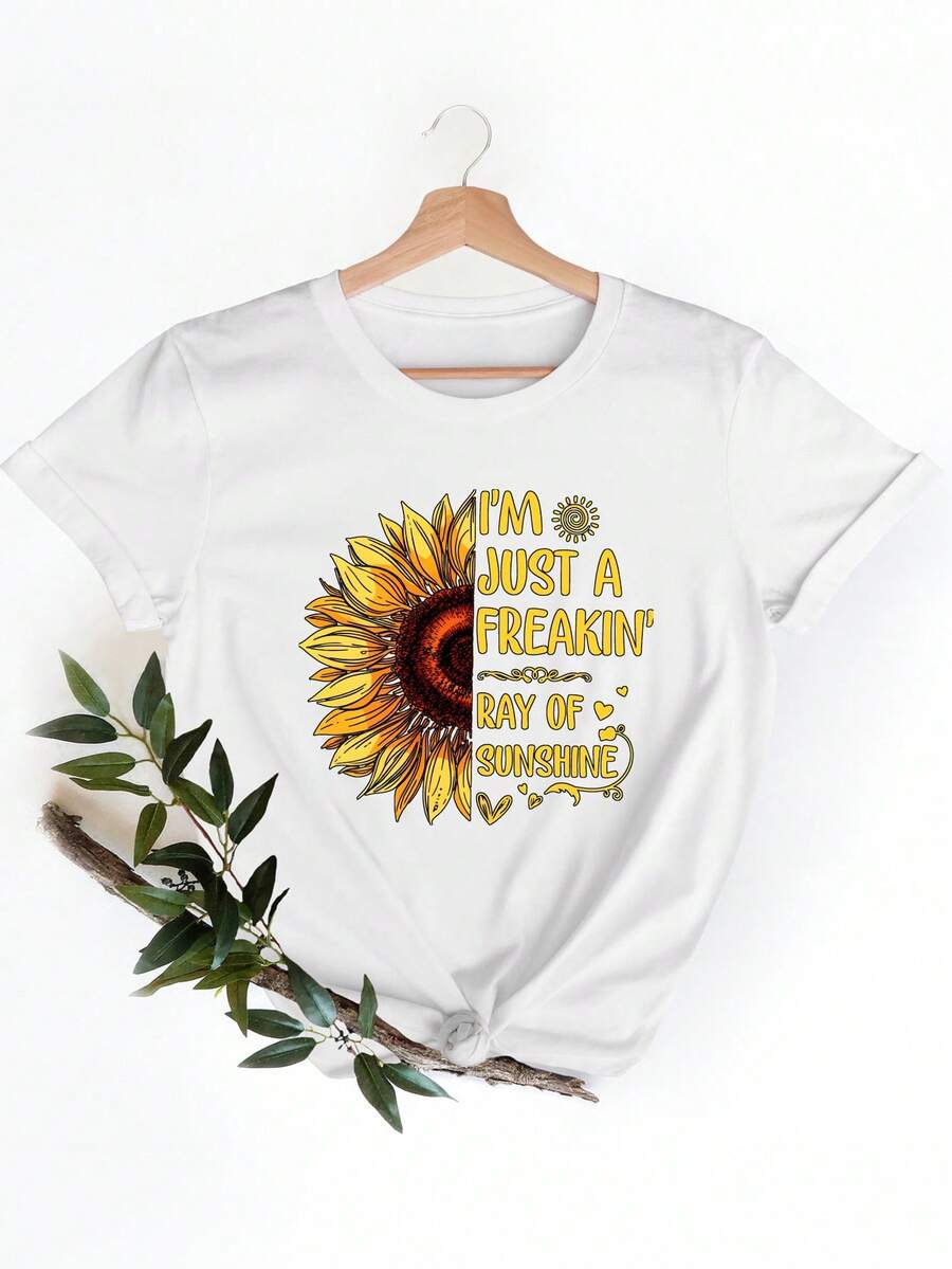 Women's White T-Shirt With A Sunflower Design And The Phrase 'soolo Un Rayo De Sol In'. Perfect For Casual Outings And Summer Fun. - 白色 - 查看 1
