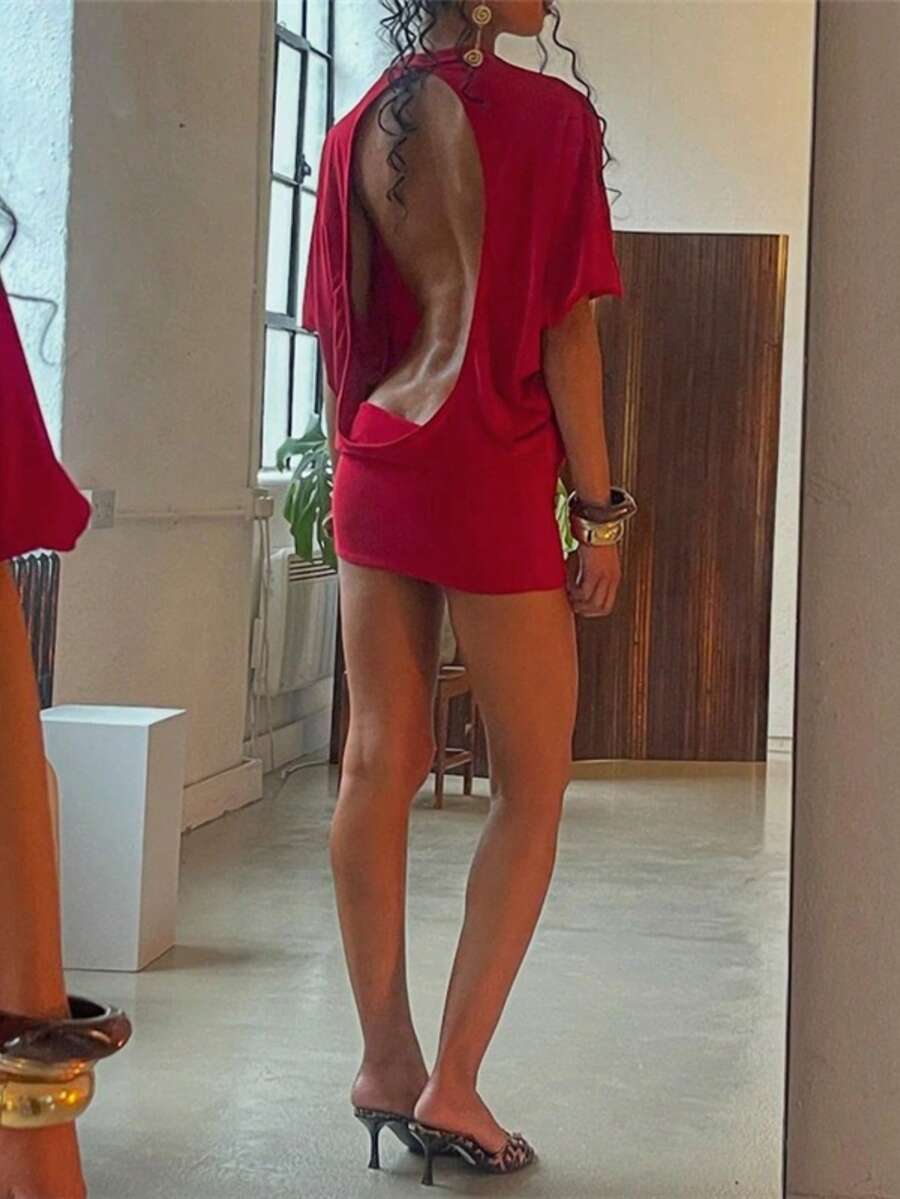 Vestido ajustado cuello redondo manga corta color liso trendy escote espalda atractivo nueva llegada - Rojo - Ver 1