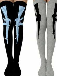 Unisex Solid Color Minimalist Streetwear Thigh High Socks, Mysterious Party Celebration Striped Knee-High Socks - Black and White - View 32