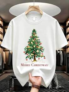 Camiseta Casual de Manga Corta para Hombre con Estampado de Árbol de Navidad - Blanco - Ver 8