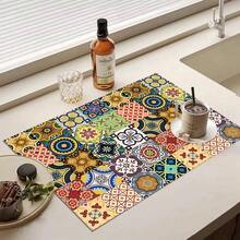 1pc Multicolor Floral Tile Pattern Printed Coffee Bar Mat, Stove Mat, Drainage Mat, Silicone Drainage Mat For Coffee Machine, Rubber Drainage Mat, Super Absorbent And Wear-Resistant Dish Drying Mat, For Countertop, Restaurant, Kitchen, Patio Dining Table Decor, Household Kitchen Supplies, Countertop Decorative Mat - Multicolor - View 10