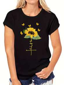 Women's Short-Sleeved Cotton T-Shirt With Sunflower Print, Casual Sporty Style, Loose Fit, Round Neck, Letter Print, Summer Sports Top, Women's T-Shirts. - 黑色 - 查看 3