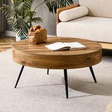 Round Coffee Table, 70 Cm In Diameter, With A Wood-Look Finish (MDF) And Black Metal Legs. Minimalist Design, Ideal For Living Rooms And Small Spaces. - Natural Color - View 4