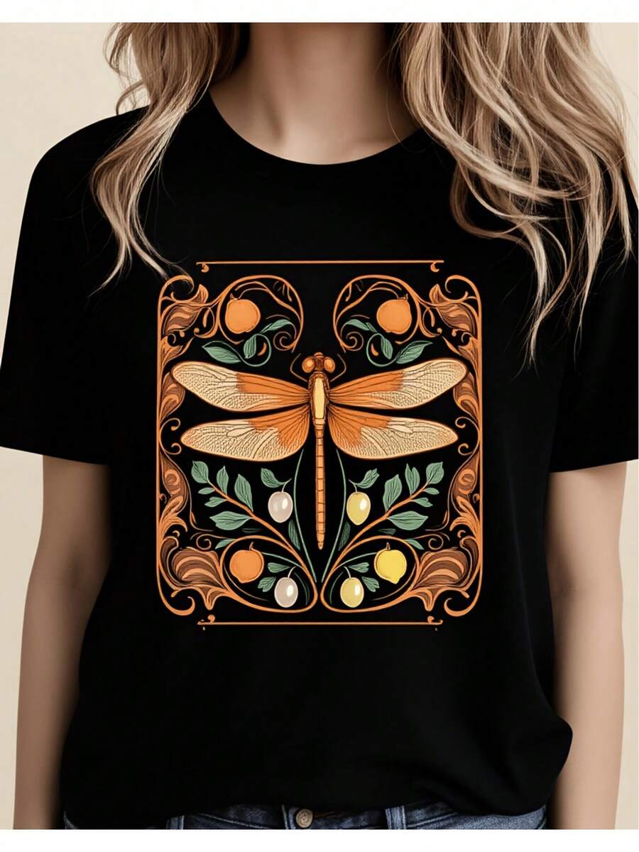 Casual T-Shirt For Women. One-Piece T-Shirt With Artistic Dragonfly Print, Bohemian Style, Casual Wear For Nature Lovers, 2D Summer Outfit, Cute Blouses For Women, Loose-Fitting Casual T-Shirt, Loose And Slightly Stretched. 100% Cotton. Durable. - 黑色 - 查看 1