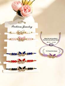 Set de 6 pulseras trenzadas de cuerda con dijes de mariposa esmaltados, ajustables, hechas a mano, de cuerda de amistad multicolor, estilo bohemio, apilables, joyería minimalista de amuleto de la suerte como accesorio de uso diario, regalo - Multicolor - Ver 4